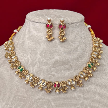 Majak Necklace Set | Antique Gold Tone Temple Jewelry Set | Kundan & Pearl Choker Necklace | Traditional Indian Bridal Necklace | Festive We