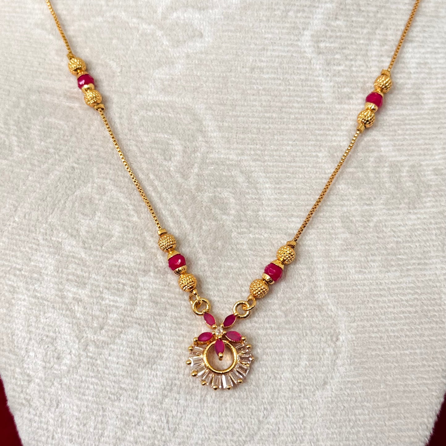 Minimal Ruby Pink Daily Wear Necklace for Women | Dainty Gold Tone Pendant Necklace | Indian Traditional Jewelry Gift | Party wear necklace