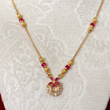 Minimal Ruby Pink Daily Wear Necklace for Women | Dainty Gold Tone Pendant Necklace | Indian Traditional Jewelry Gift | Party wear necklace