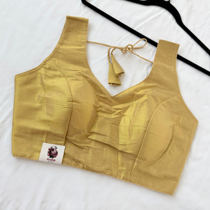 Antique Gold Tissue Silk Saree Blouse, Ready to Wear Golden Blouse, Padded V Neck Blouse, Indian Saree Blouse, Festive Wedding Blouse , Crop