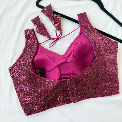 Magenta Pink Sequin Saree Blouse, Readymade Sleeveless Blouse, Padded Party Wear Blouse, Sparkly Indian Blouse, Wedding Blouse