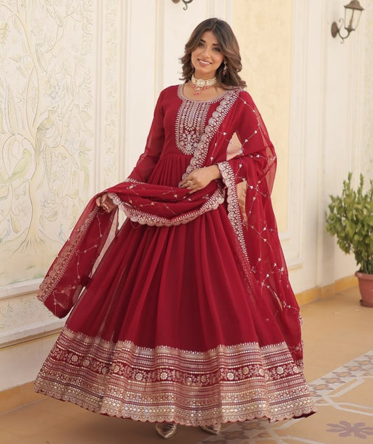 Maroon Embroidered Gown with Dupatta | Fully Stitched Anarkali Style Dress | Indian Ethnic Wear for Weddings & Parties