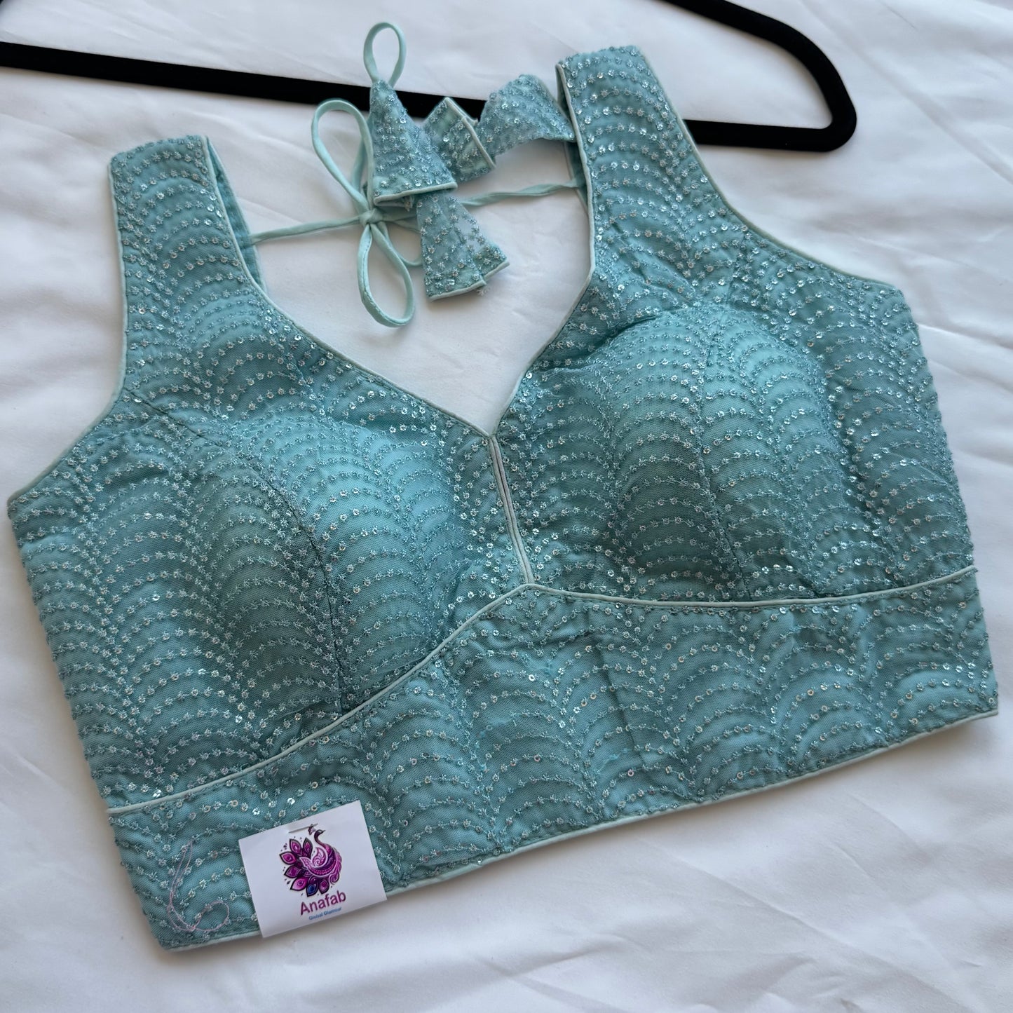 Light Sky Blue Sequin Designer Blouse | Readymade Padded Saree Blouse | Elegant Party Wear Blouse with Tie Back, Size 38–42 | Lehenga blouse