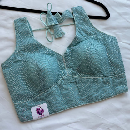 Light Sky Blue Sequin Designer Blouse | Readymade Padded Saree Blouse | Elegant Party Wear Blouse with Tie Back, Size 38–42 | Lehenga blouse