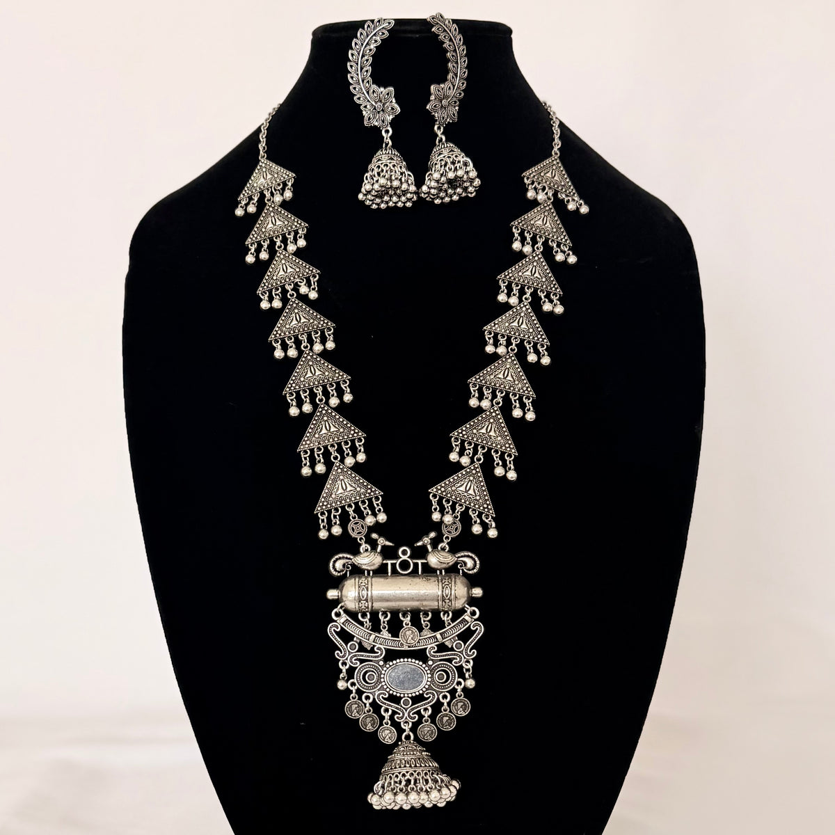 Oxidized Silver Long Necklace Set with Mirror Pendant & Jhumka Earrings, Tribal Statement Jewelry, Indian Boho Necklace Set