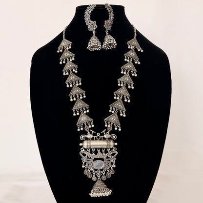 Oxidized Silver Long Necklace Set with Mirror Pendant & Jhumka Earrings, Tribal Statement Jewelry, Indian Boho Necklace Set