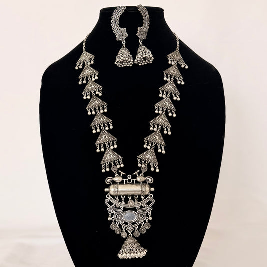 Oxidized Silver Long Necklace Set with Mirror Pendant & Jhumka Earrings, Tribal Statement Jewelry, Indian Boho Necklace Set