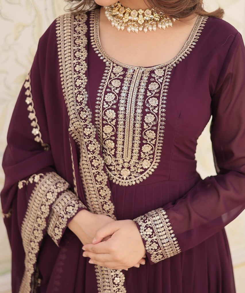 Wine Embroidered Gown with Dupatta | Fully Stitched Anarkali Style Dress | Indian Ethnic Wear for Weddings & Parties
