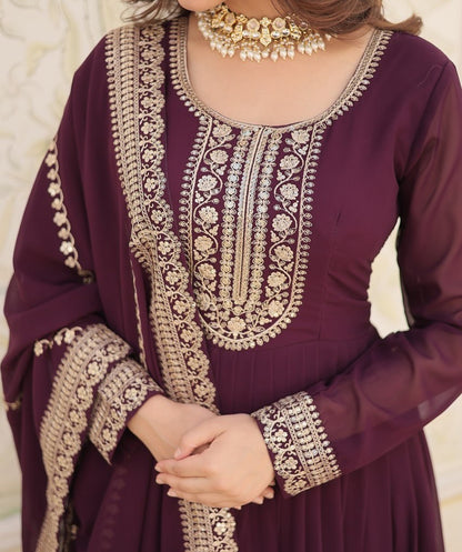 Wine Embroidered Gown with Dupatta | Fully Stitched Anarkali Style Dress | Indian Ethnic Wear for Weddings & Parties