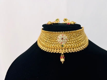 Royal Kundan Meenakari Choker Necklace Set | Gold Plated Bridal Jewelry with Earrings & Maang Tikka | Indian Wedding Necklace Set