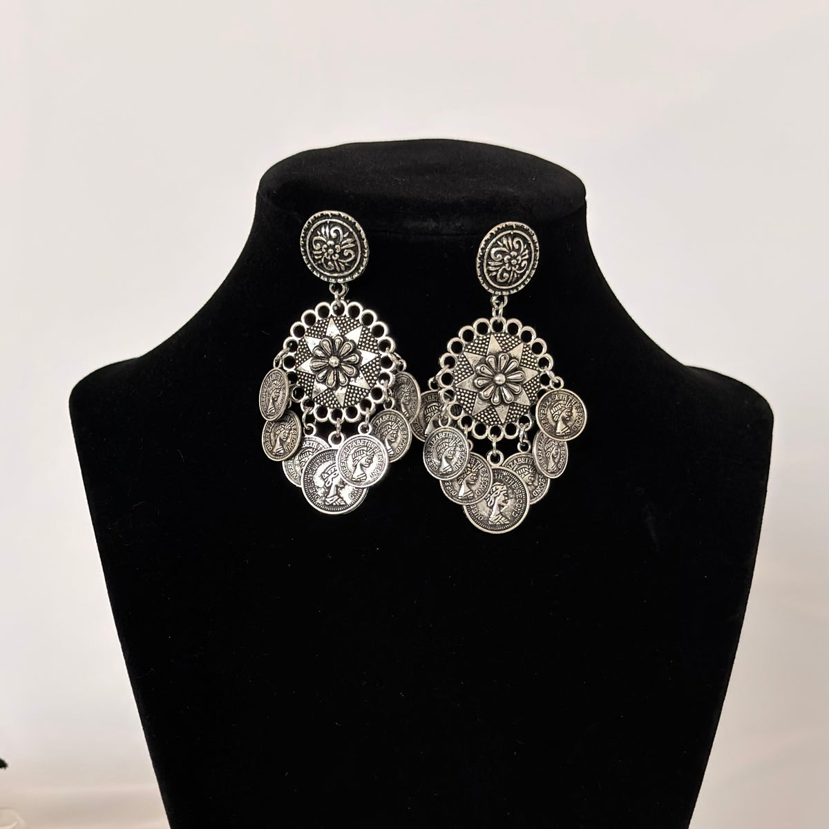 Oxidized Silver Coin Necklace Set with Earrings, Statement Indian Tribal Jewelry, Boho Ethnic Necklace, Navratri Garba Jewelry, Festival Gif