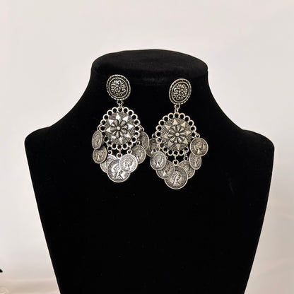 Oxidized Silver Coin Necklace Set with Earrings, Statement Indian Tribal Jewelry, Boho Ethnic Necklace, Navratri Garba Jewelry, Festival Gif
