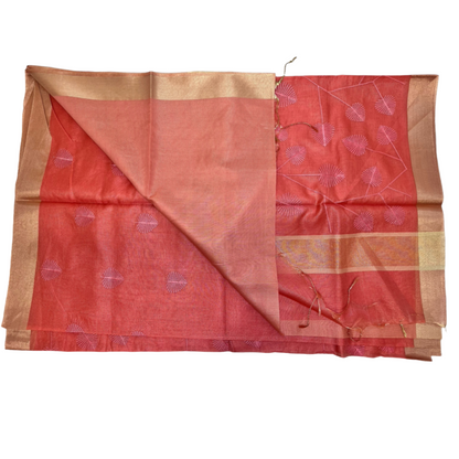 Peach Kota Silk Embroidery Saree with lining blouse