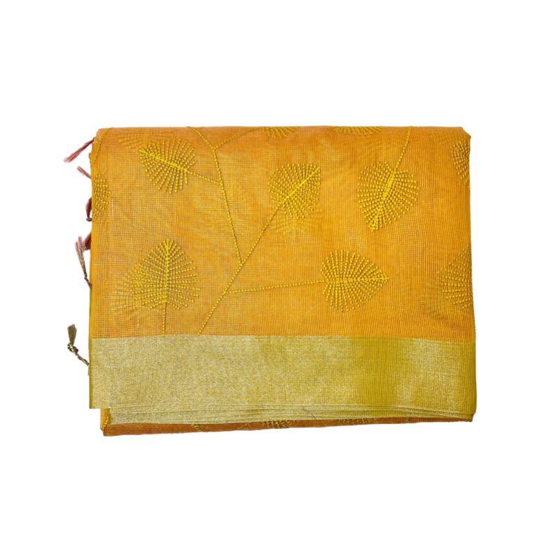 Mustered Yellow Kota Silk Embroidery Saree fold