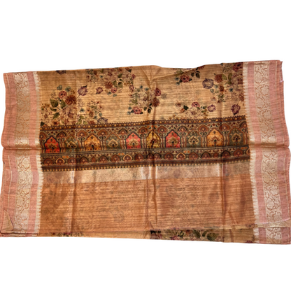 Peach  floral printed tussar Silk saree with Jari border & intricate pallu