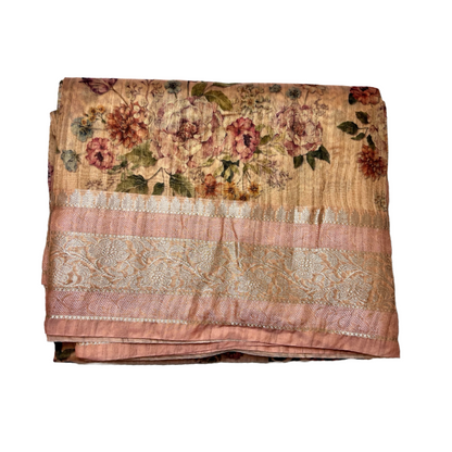 Peach  floral printed tussar Silk saree with Jari border & intricate pallu