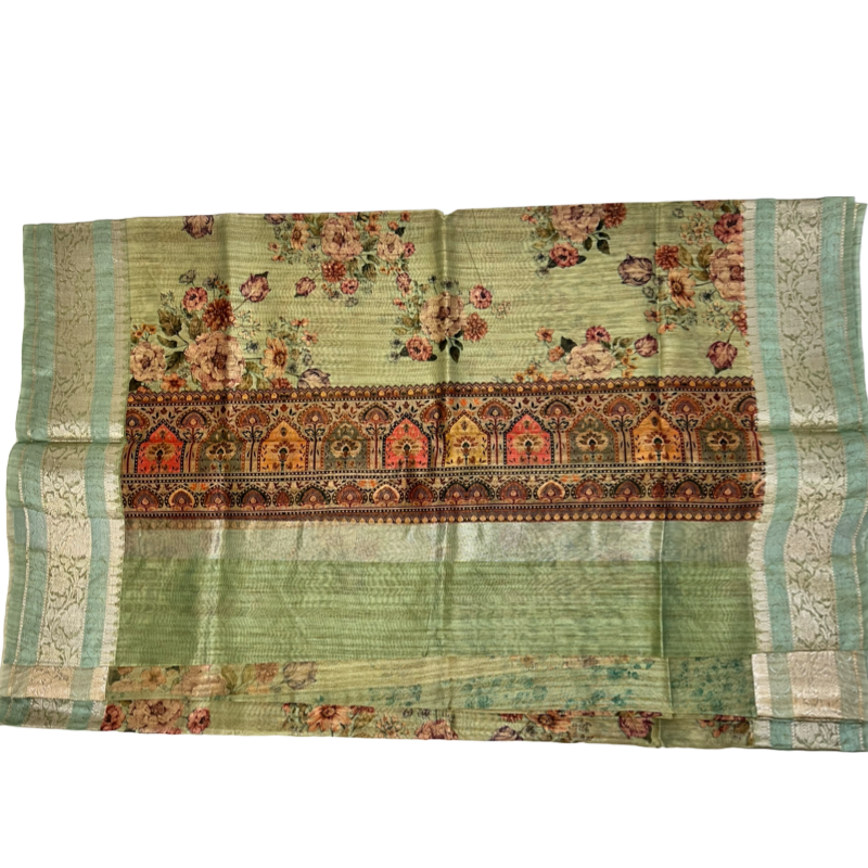 Sea Green floral printed tussar Silk saree with Jari border & intricate pallu