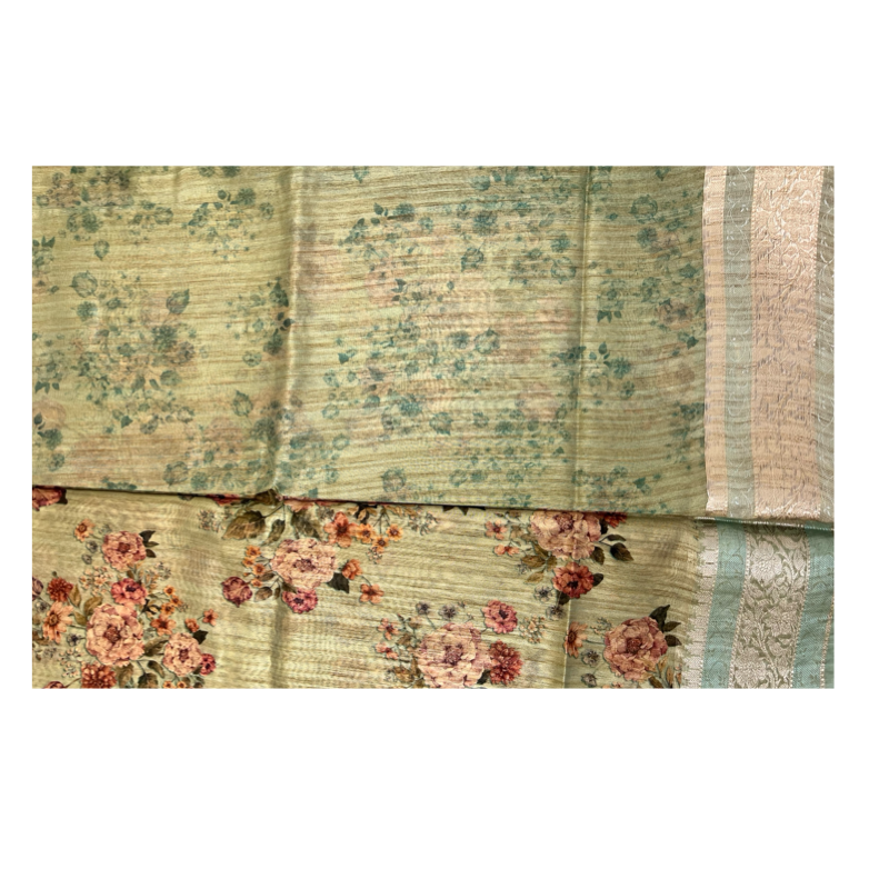 Sea Green floral printed tussar Silk saree with Jari border & intricate pallu