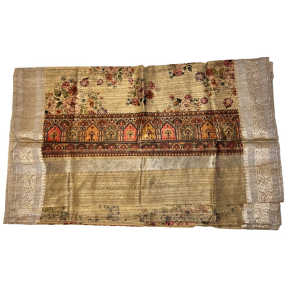 Beige floral printed tussar Silk saree with Jari border & intricate pallu