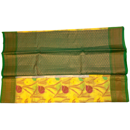 Yellow Color Floral Linen Cotton saree