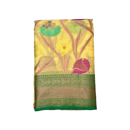 Yellow Color Floral Linen Cotton saree