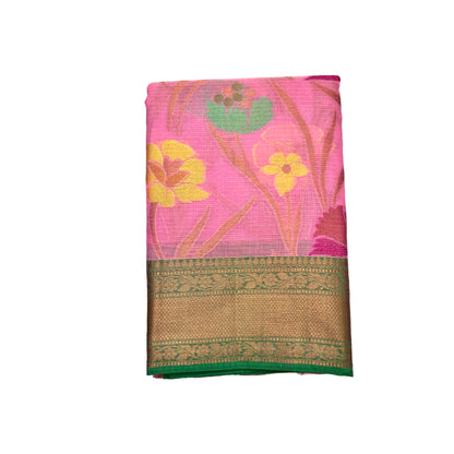 Rose Pink Color Floral Linen Cotton saree