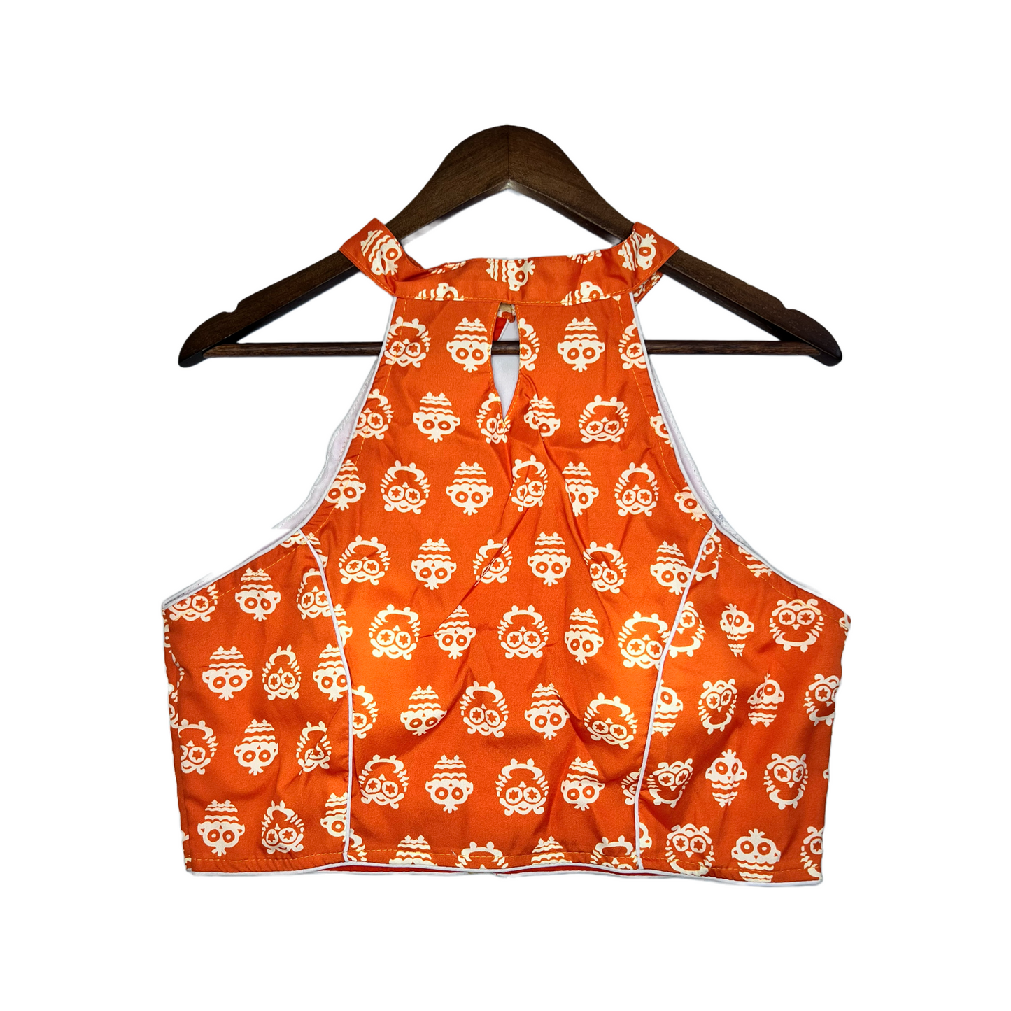 Dark Orange And White Ikkat Sleeveless Halter Neck Blouse