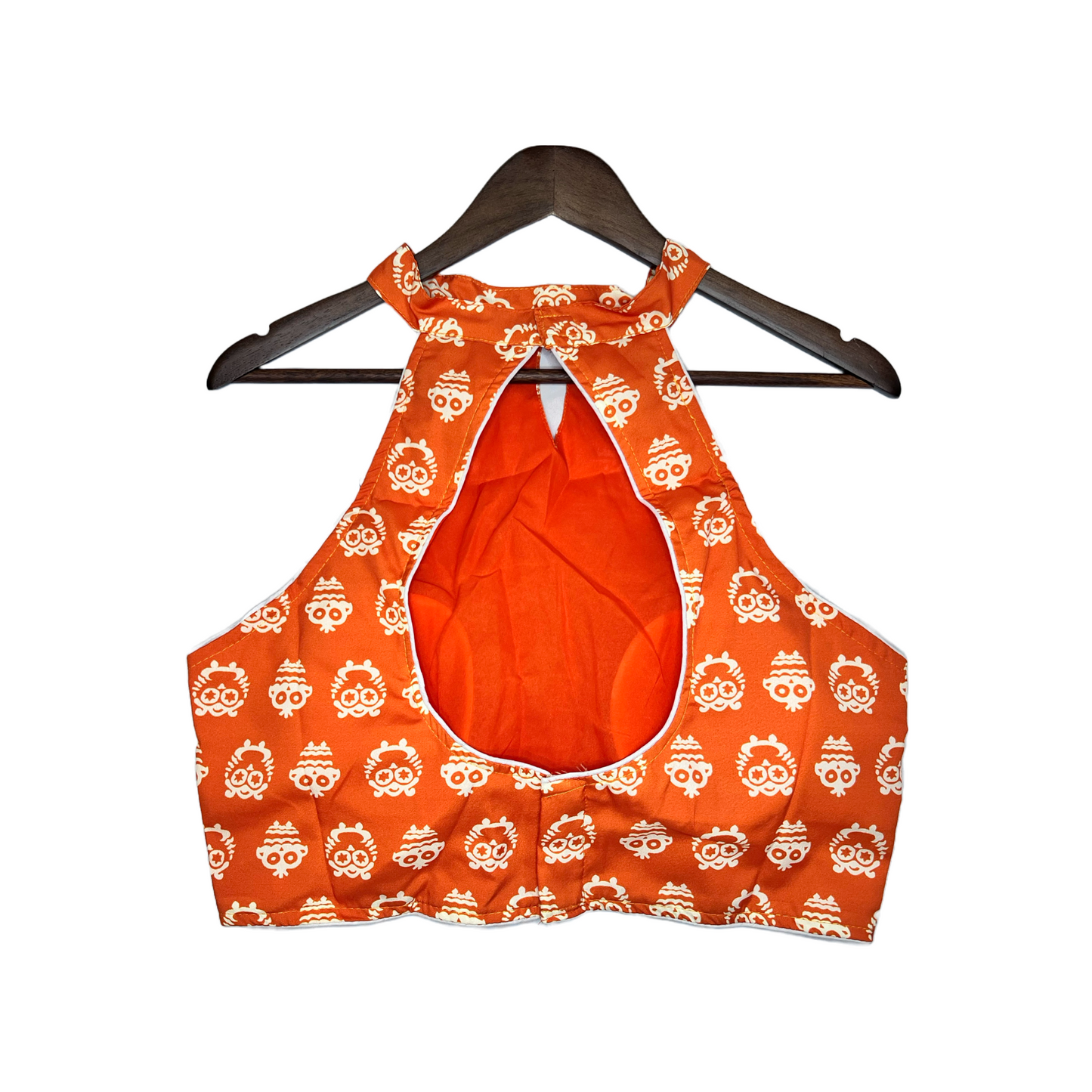 Dark Orange And White Ikkat Sleeveless Halter Neck Blouse