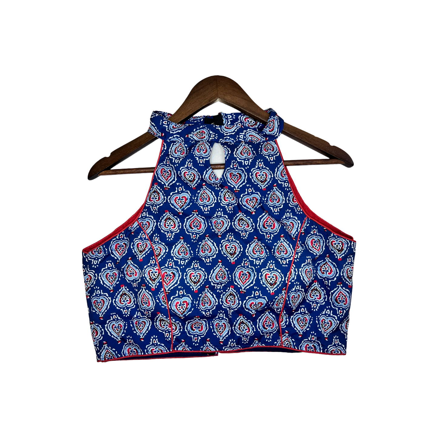 Royal Blue and Red Ikkat Sleeveless Halter Neck Blouse