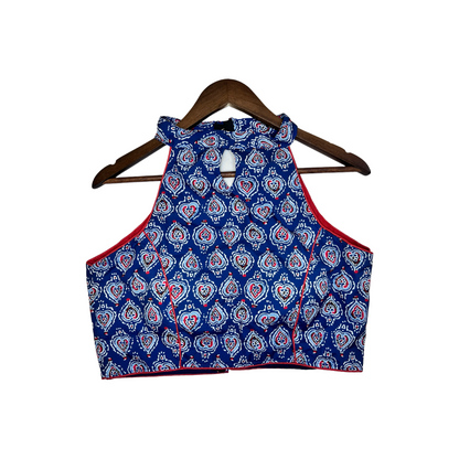 Royal Blue and Red Ikkat Sleeveless Halter Neck Blouse