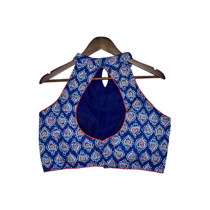 Royal Blue and Red Ikkat Sleeveless Halter Neck Blouse