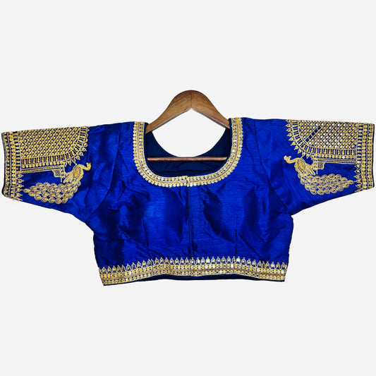 Beautiful Royal Blue Colour Peacock Zari Work with Coding Twins Sequence Readymade Blouse, Readymade Padded Blouse, Women Blouse, Wedding Blouse