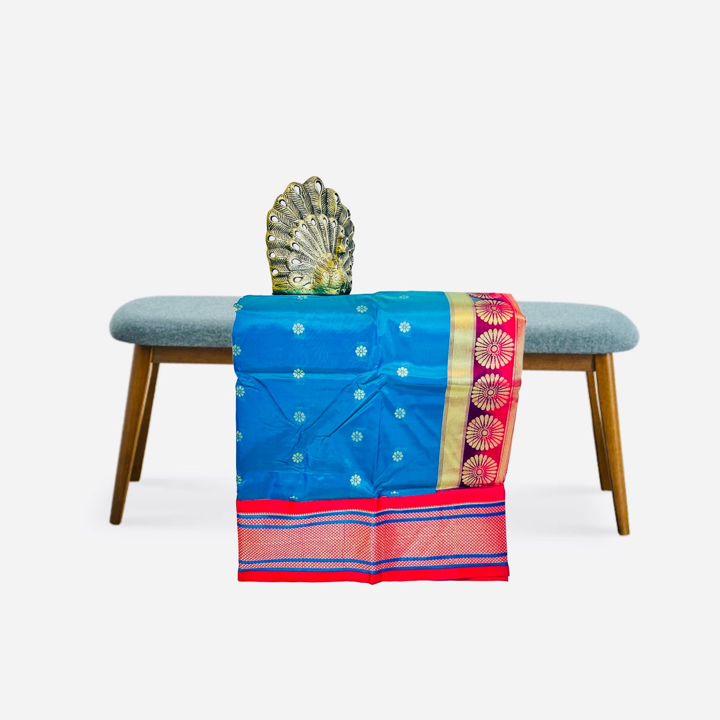 Peacock Blue and Dark Pink Kadiyal Semi Silk Paithani Saree