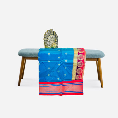 Peacock Blue and Dark Pink Kadiyal Semi Silk Paithani Saree