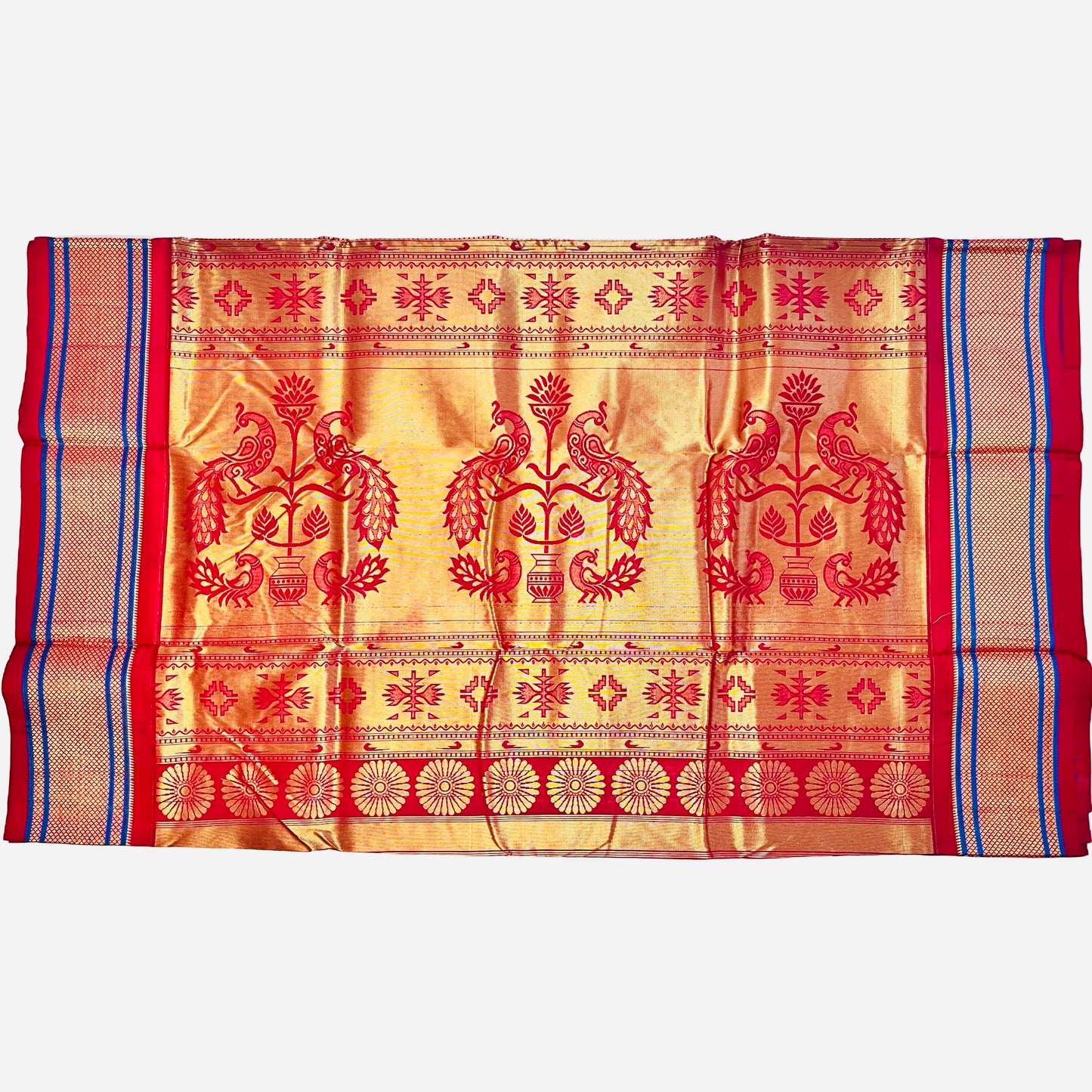 Peacock Blue and Dark Pink Kadiyal Semi Silk Paithani Saree
