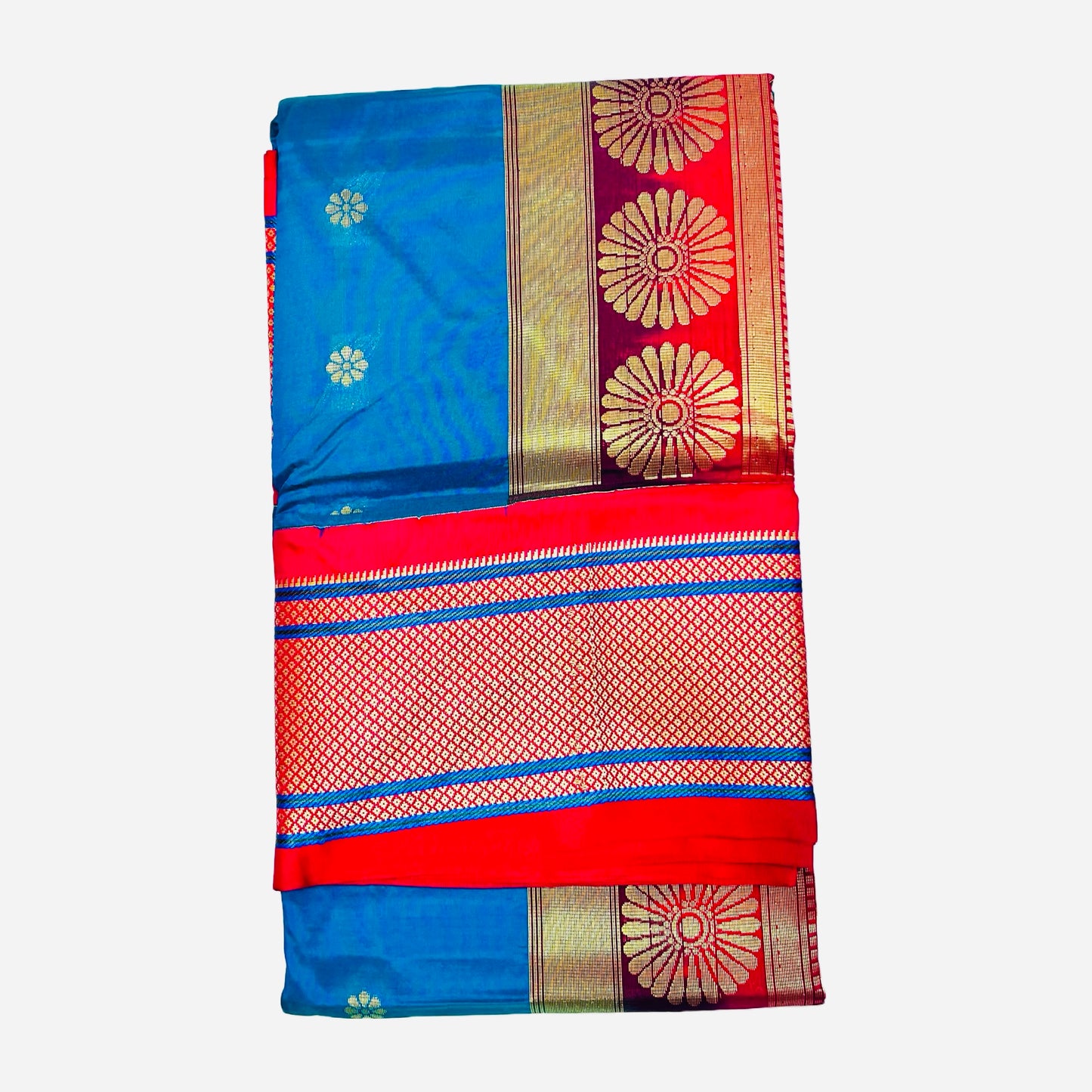 Peacock Blue and Dark Pink Kadiyal Semi Silk Paithani Saree