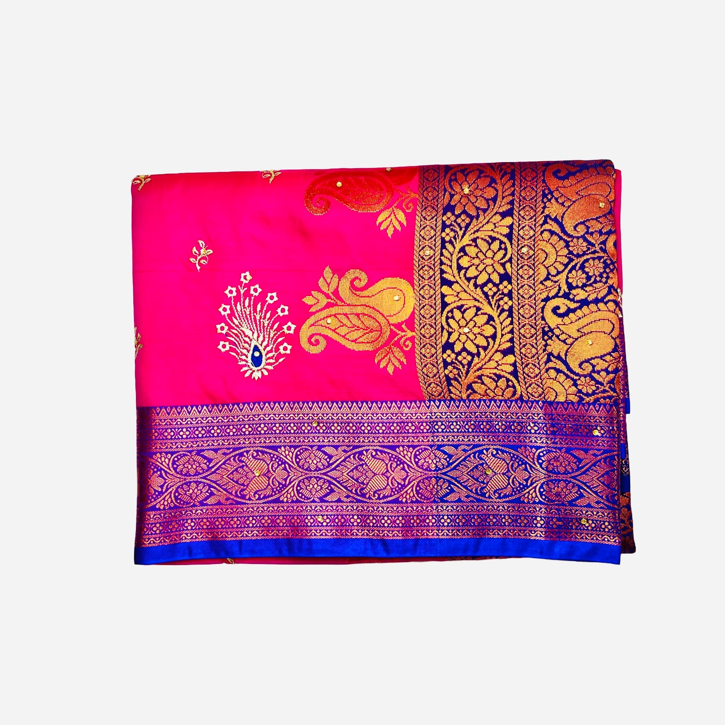 Deep Pink With Royal Blue color Banarasi Satin Silk Saree With Beautiful Embroidery And Stone Work