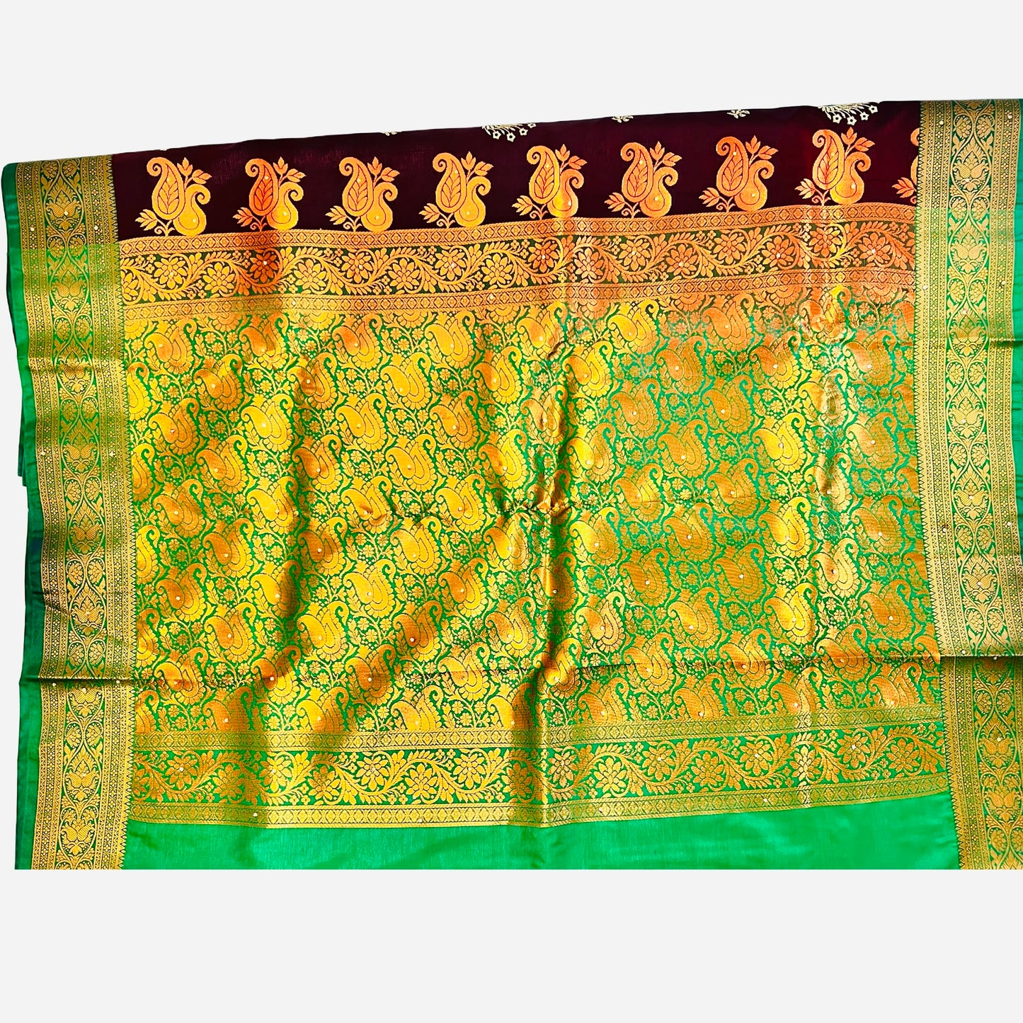 Maroon With Green color Banarasi Satin Silk Saree With Beautiful Embroidery And Stone Work