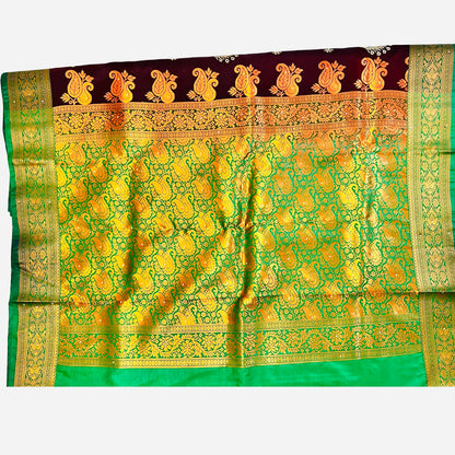 Maroon With Green color Banarasi Satin Silk Saree With Beautiful Embroidery And Stone Work