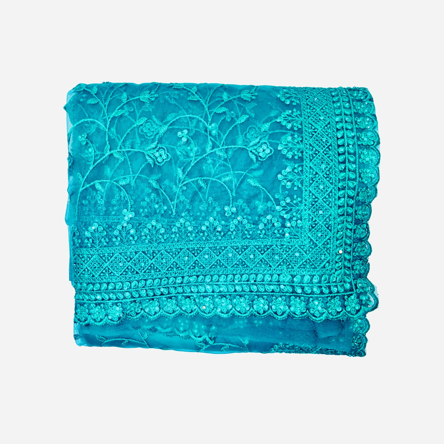 Teal Blue Color Soft Net Embroidery Work Saree