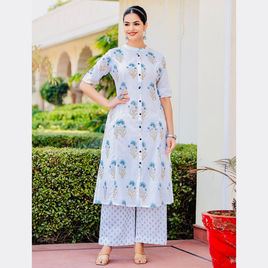 Jaipuri Mughal Print White Color Aline Kurti With Ankle Length Pant , Co-Ord Set, Perfect For Summer Season