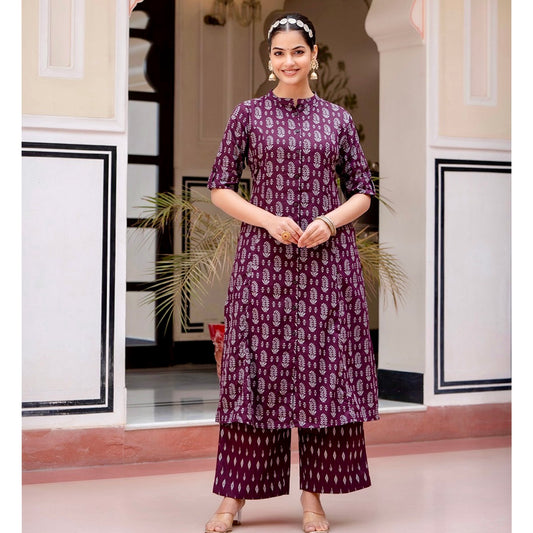 Wine Color Jaipuri Kalamkari Print Aline Kurti With Pant