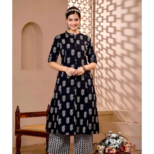 Jaipuri Ajrakh Print Black Color Aline Kurti With Ankle Length Pant , Co-Ord Set, Perfect For Summer Season