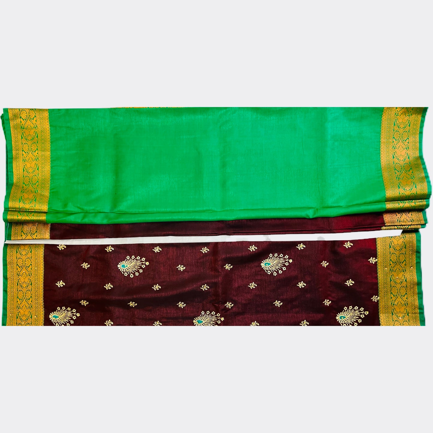 Maroon With Green color Banarasi Satin Silk Saree With Beautiful Embroidery And Stone Work