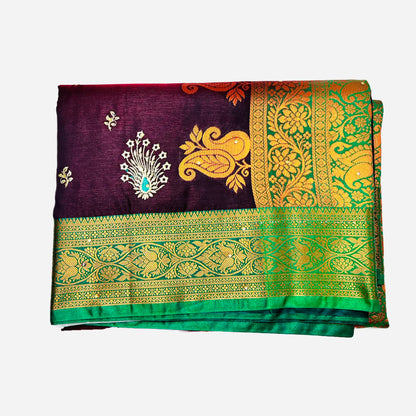 Maroon With Green color Banarasi Satin Silk Saree With Beautiful Embroidery And Stone Work