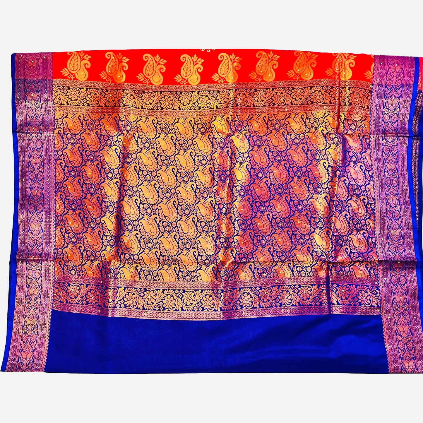 Bright Red With Rich Blue Color Banarasi Satin Silk Saree With Beautiful Embroidery And Stone Work