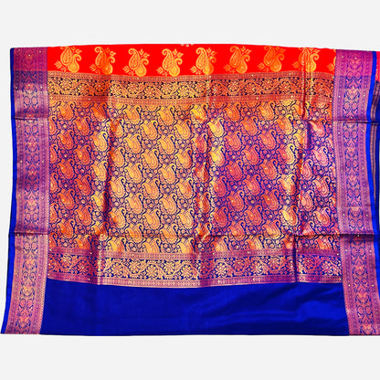 Bright Red With Rich Blue Color Banarasi Satin Silk Saree With Beautiful Embroidery And Stone Work