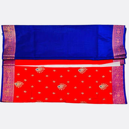 Bright Red With Rich Blue Color Banarasi Satin Silk Saree With Beautiful Embroidery And Stone Work