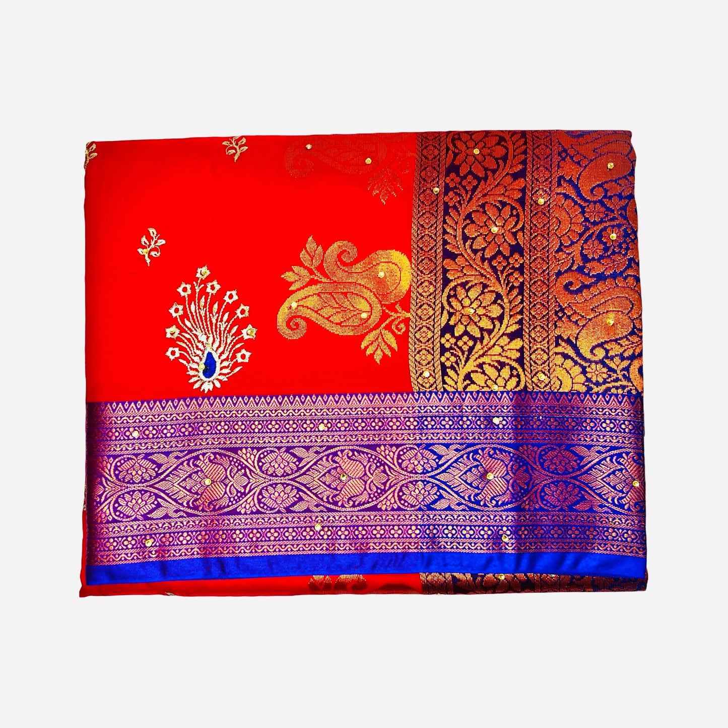 Bright Red With Rich Blue Color Banarasi Satin Silk Saree With Beautiful Embroidery And Stone Work