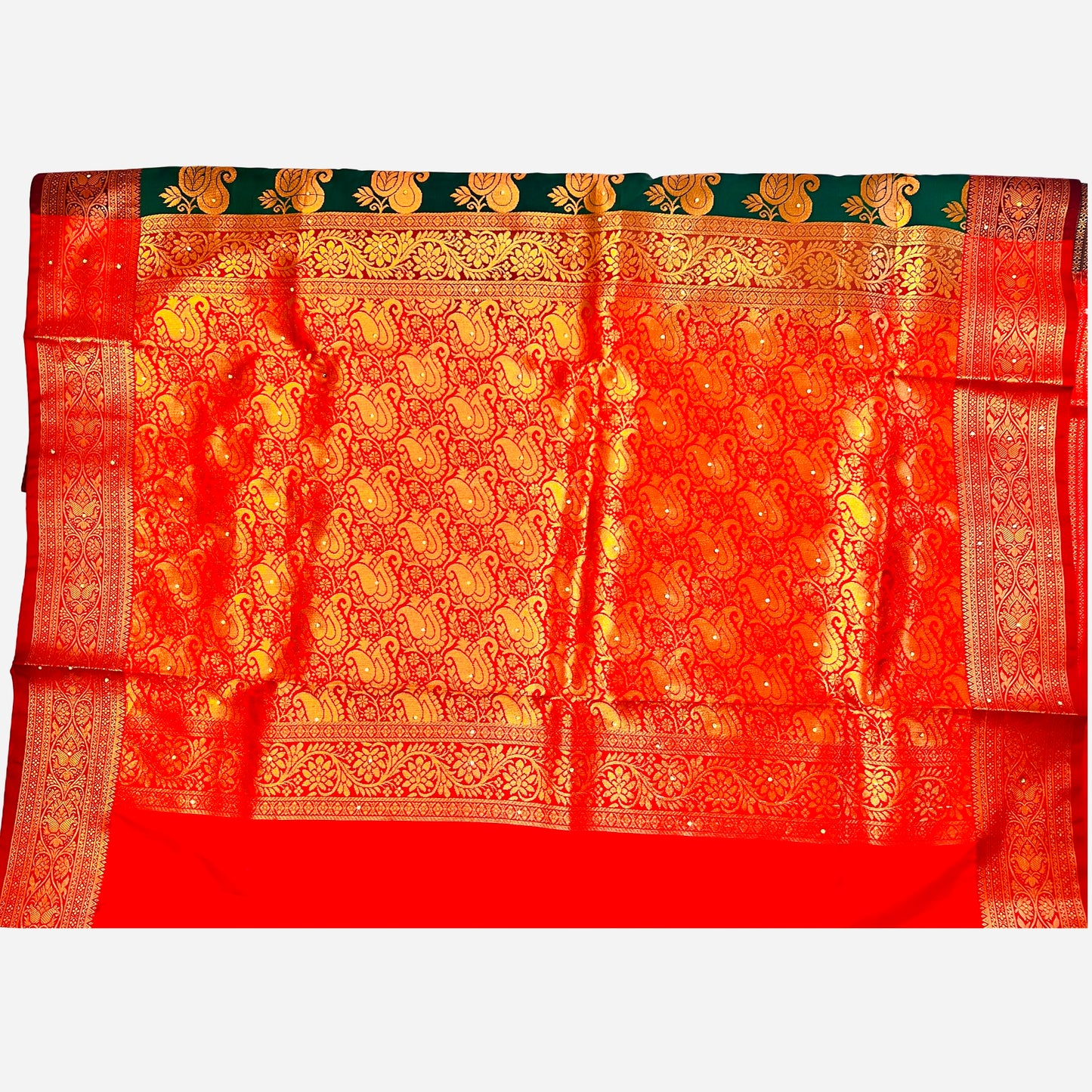 Green With Red Color Banarasi Satin Silk Saree With Beautiful Embroidery And Stone Work